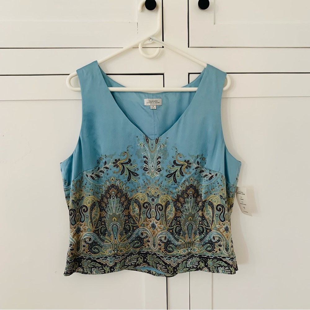 Vintage Tahari Arthur S. Levine Silk Blue V Neck Paisley Top Size 16 Boho